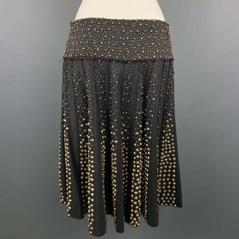 NAEEM KHAN Size 6 Black Gold Tone Metal Beaded Silk A Line Skirt