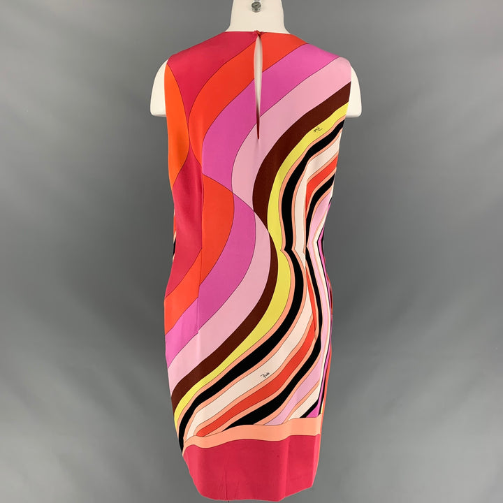 EMILIO PUCCI Size 10 Orange Multicolour Silk Abstract Below Knee Cocktail Dress