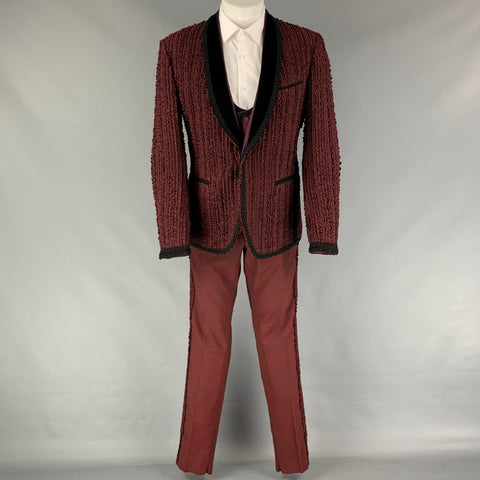 DOLCE & GABBANA SS15 Size 40 Regular Burgundy Black Passementerie 3D Embroidery Virgin Wool 3 Piece Suit