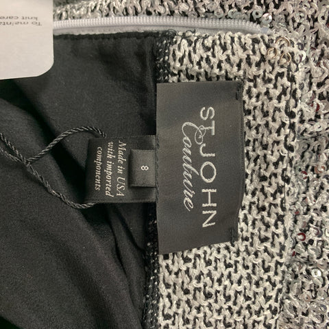 ST. JOHN Size 8 Silver Black Polyester Blend Knitted Cocktail Dress