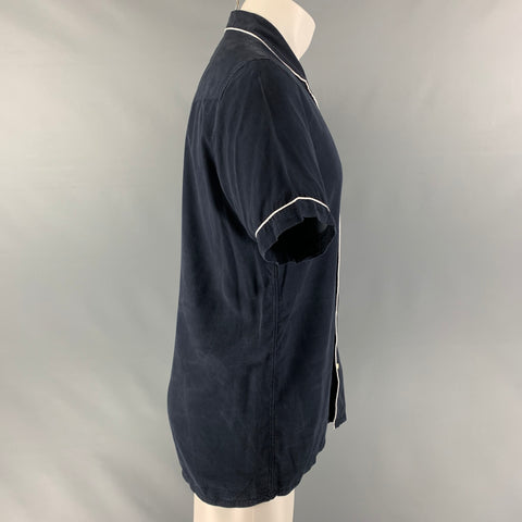 OFFICINE GENERALE Size M Navy Cotton Blend Camp Short Sleeve Shirt