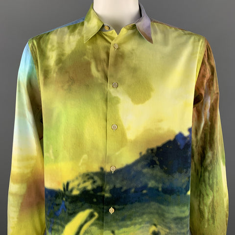 PAUL SMITH Size XXL Green & Yellow Landscape Print Cotton Button Up Long Sleeve Shirt