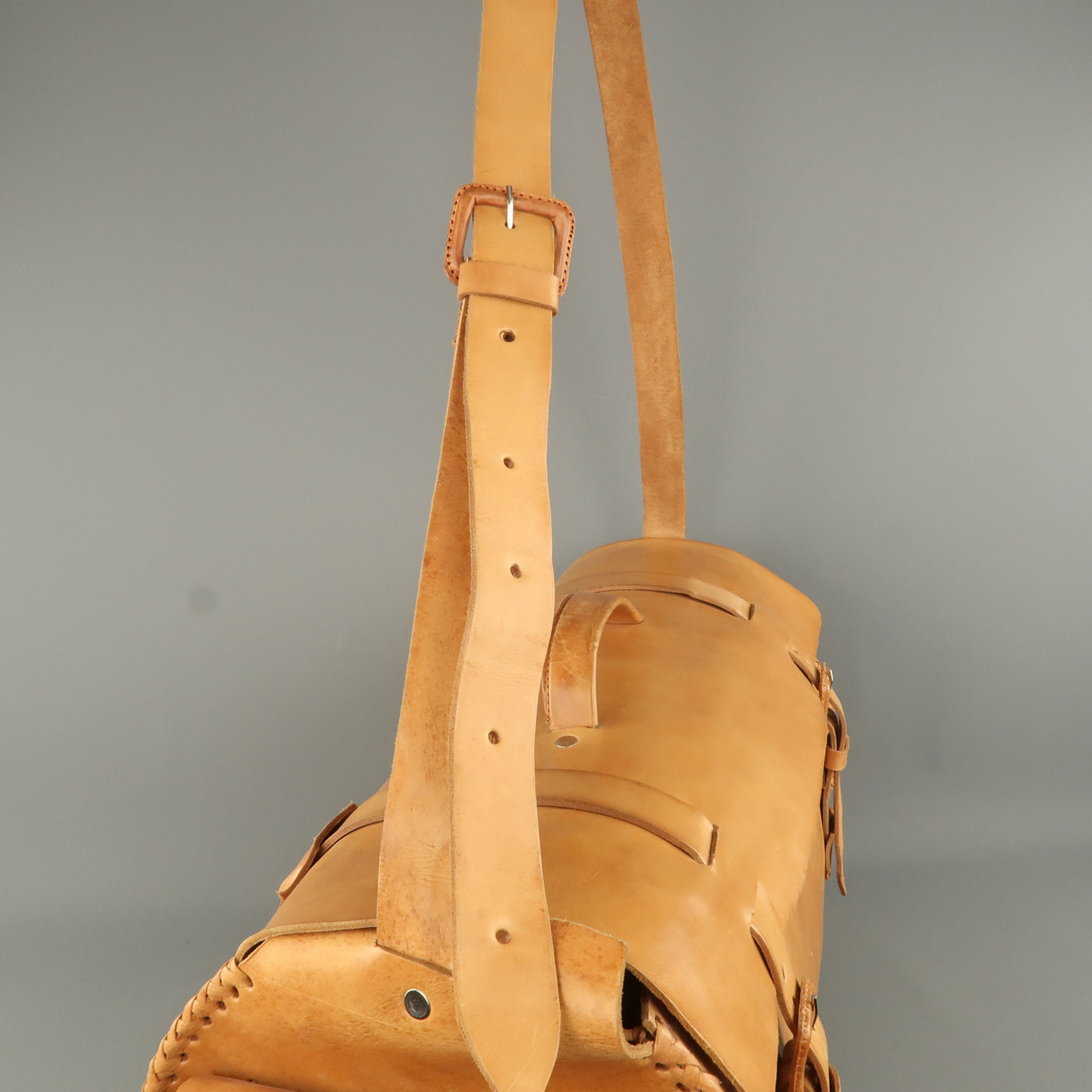 EUROPEAN NATURAL LEATHER BAGS Tan Leather Duffle Woven Trim Duffle Bag