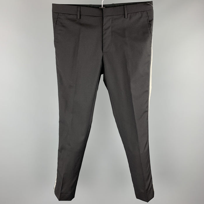 LANVIN Size 32 Black Wool Tuxedo Stripe Zip Fly Dress Pants