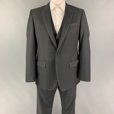 DOLCE & GABBANA Size 42 Black Contrast Stitch Wool Peak Lapel 3 Piece Suit
