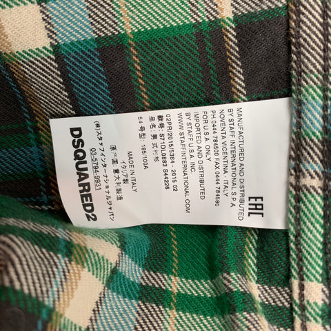 DSQUARED2 Size XL Green & Blue Plaid Cotton Button Up Long Sleeve Shirt
