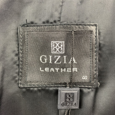 GIZIA Taille 4 Manteau à double boutonnage en cuir noir avec col en fourrure