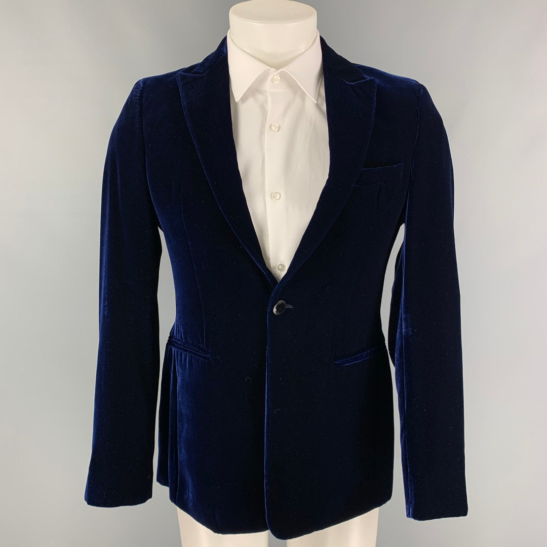 EMPORIO ARMANI Size 36 Blue Velvet Viscose / Silk Peak Lapel Sport Coat