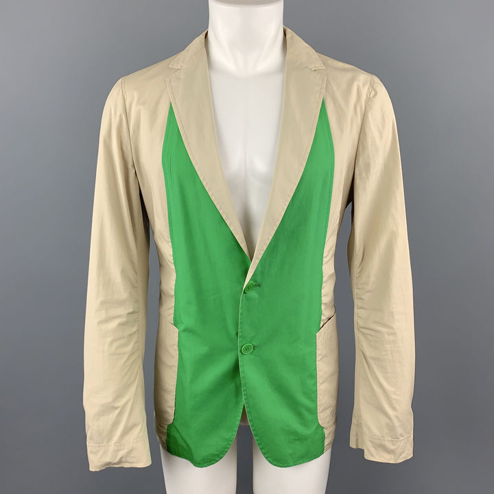 BOTTEGA VENETA Size 42 Khaki & Green Color Block Light Weight Cotton Sport Coat