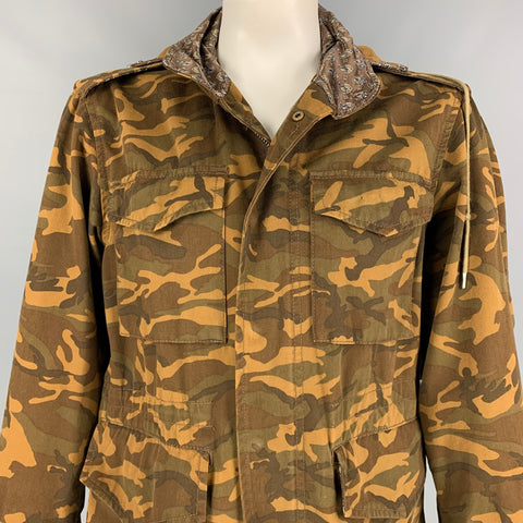 MARC JACOBS Taille XL Tan Camouflage Coton Zip &amp; Snaps Veste Militaire