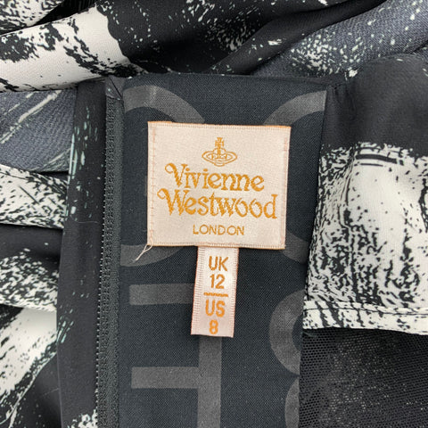 VIVIENNE WESTWOOD Size 8 Black & White Marbled Silk Strapless Cocktail Dress