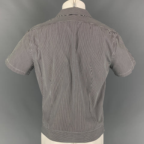 DANIELE ALESSANDRINI Size L White & Charcoal Stripe Cotton Short Sleeve Shirt