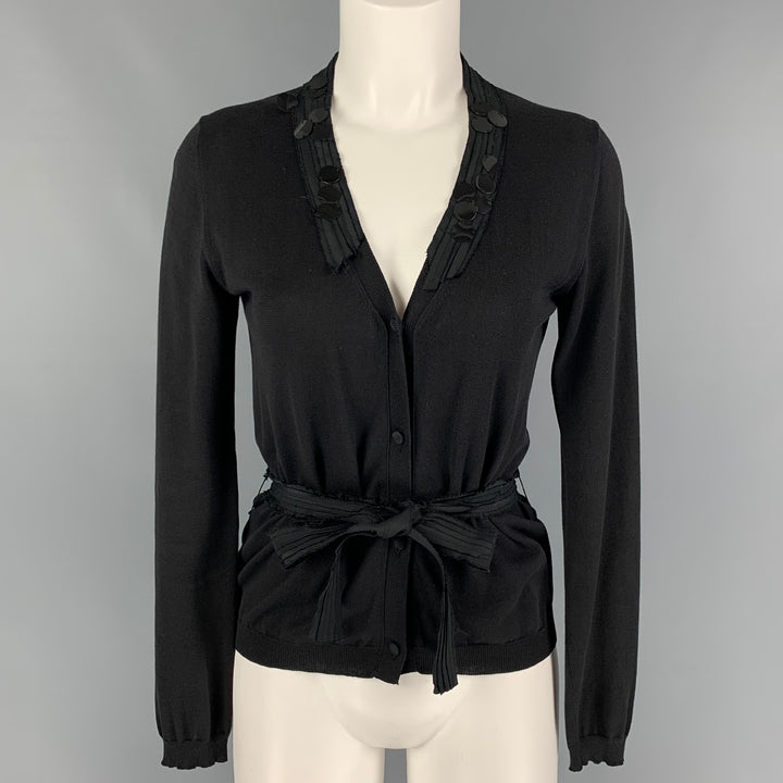 MIU MIU Size 4 Black Cotton Payette Sequin Belted Cardigan