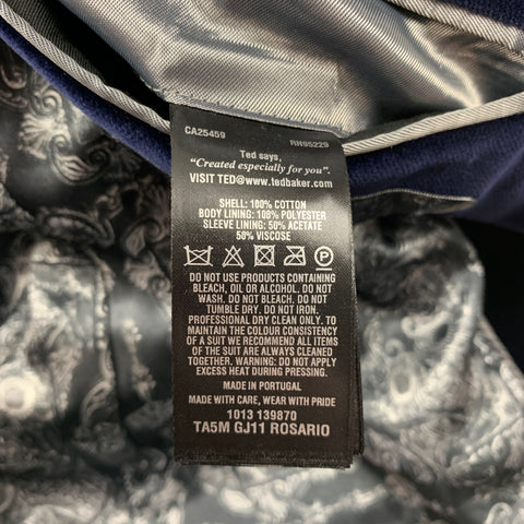 TED BAKER Size 40 Navy Cotton Velvet Notch Lapel Sport Coat