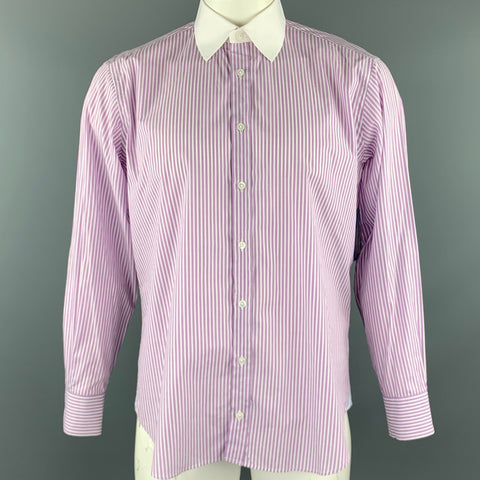 MICHAEL BASTIAN Size L White & Purple Stripe Cotton Button Up Long Sleeve Shirt