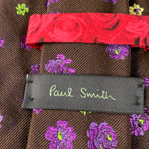 PAUL SMITH Brown Purple Floral Silk Tie