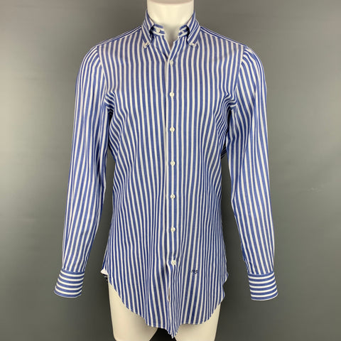 FINAMORE Size M Blue Stripe Cotton Button Down Long Sleeve Shirt