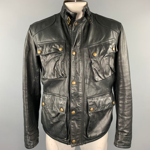 RALPH LAUREN Size 42 Black Leather Zip & Snaps Corduroy Collar Jacket
