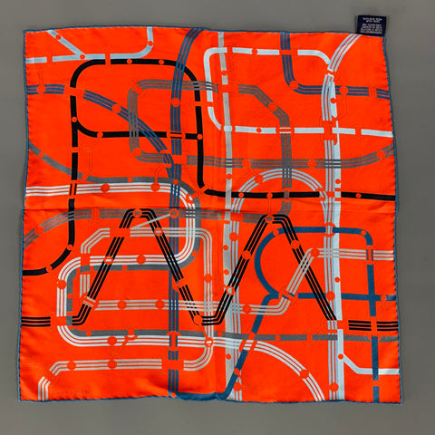 HERMES Orange Blue Equestrian Silk Pocket Square