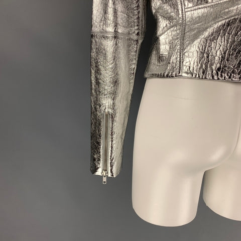 VEDA Chaqueta biker metalizada de cuero plateado talla M