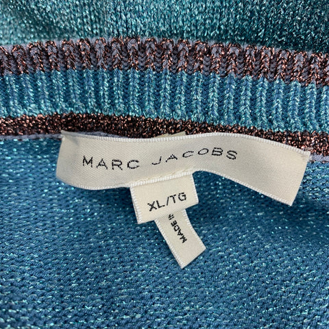 MARC JACOBS Size XL Blue Metallic Viscose Blend Short Sleeve Pullover