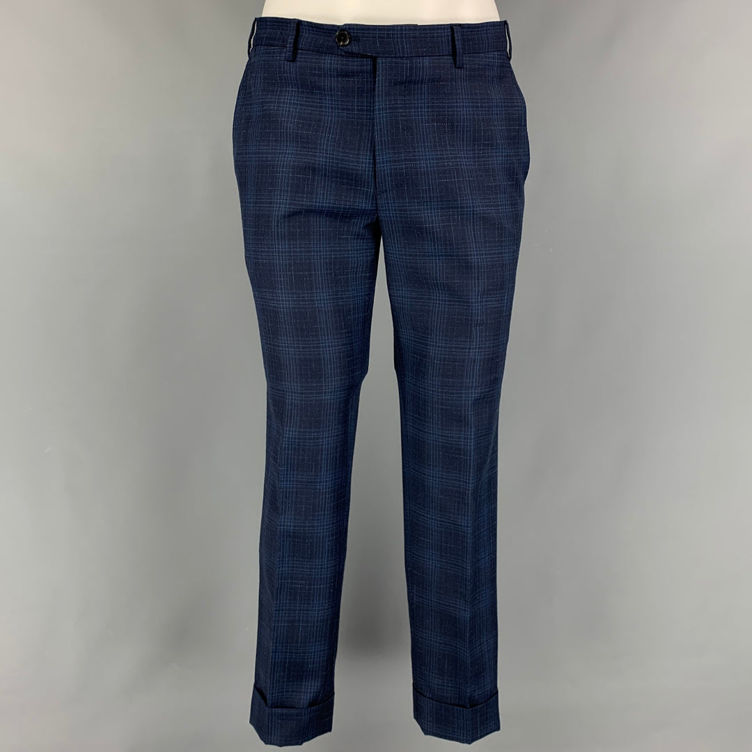 ETRO Size 38 Navy Blue Plaid Wool Blend Notch Lapel Suit