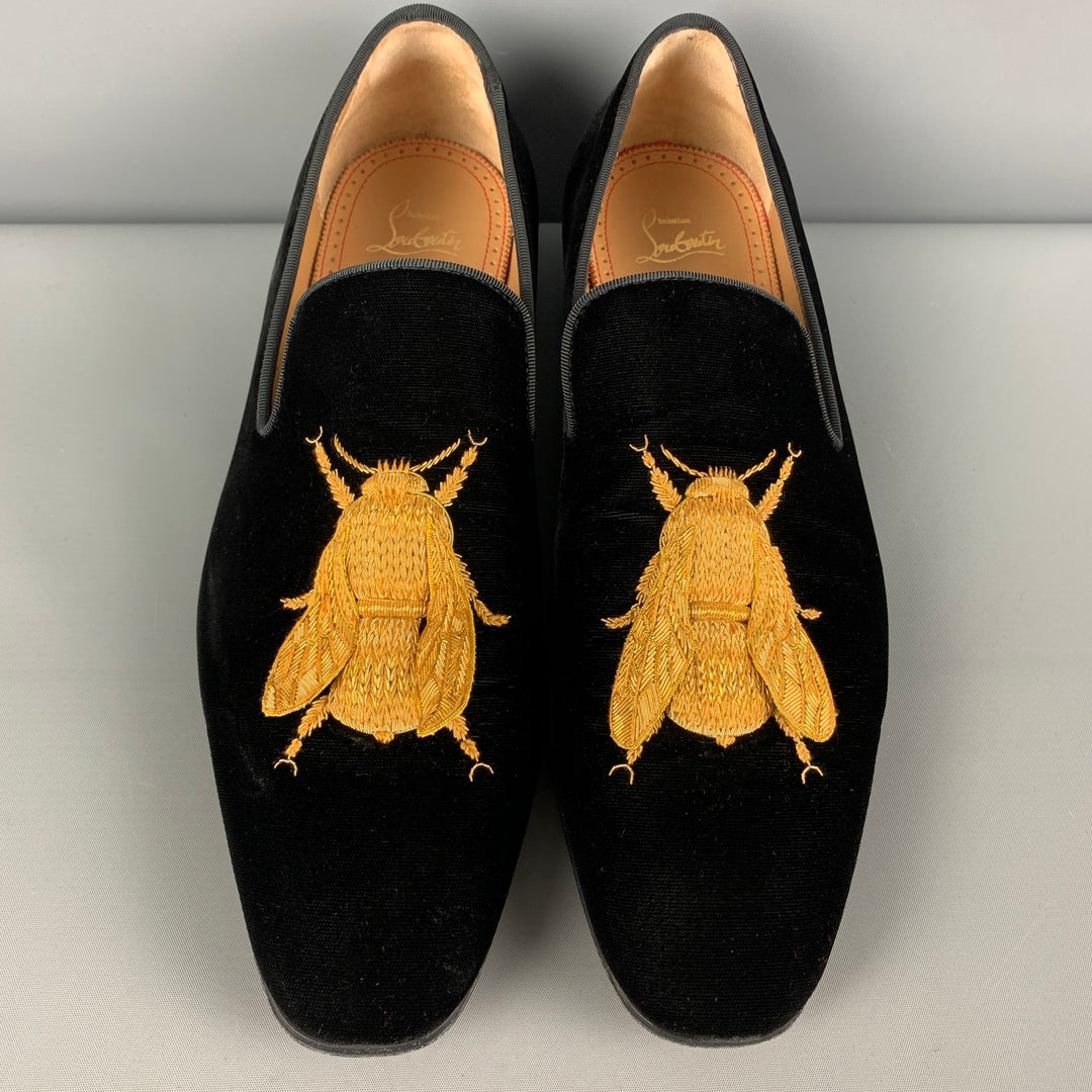 CHRISTIAN LOUBOUTIN Size 10 Black Gold Applique Velvet Slip On DandyBee Loafers