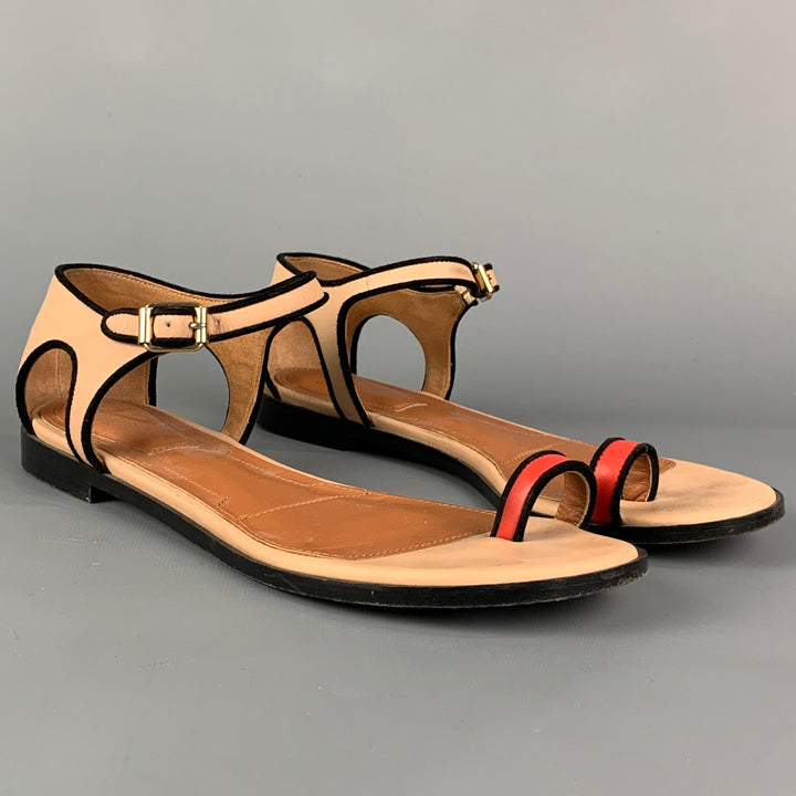 GIVENCHY Size 8 Tan & Black Red Leather Flat Sandals