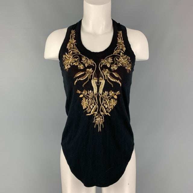 ALEXANDER MCQUEEN Size 0 Black Gold Cotton Embroidered Tank T-Shirt