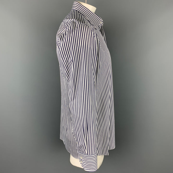 TOM FORD Size XL Navy & White Vertical Stripe Cotton Button Up Long Sleeve Shirt