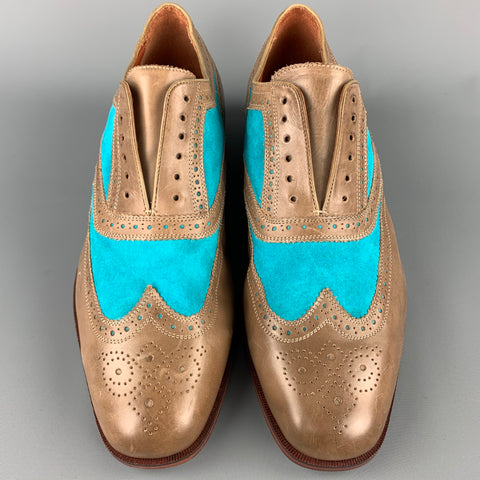 FLORSHEIM pour DUCKIE BROWN Taille 11 Taupe &amp; Aqua Chaussures à bout d'aile en cuir perforé
