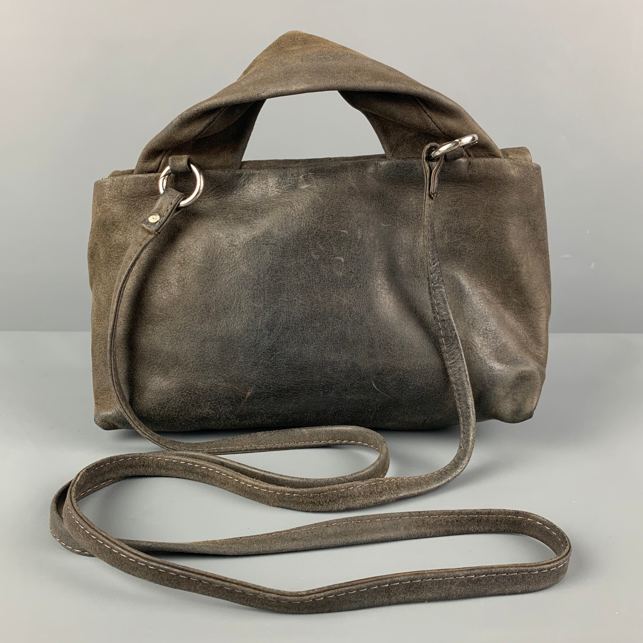 DANIELLA LEHAVI Grey Distressed Leather Cross Body Handbag Sui