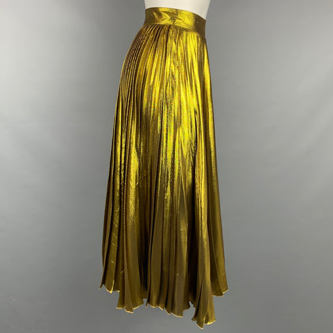 GUCCI SS 2015 Taille S Jupe mi-mollet plissée en soie dorée / polyester