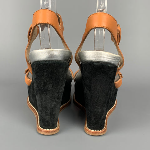 MARNI Size 6 Tan & Black Color Block Leather Wedge Sandals