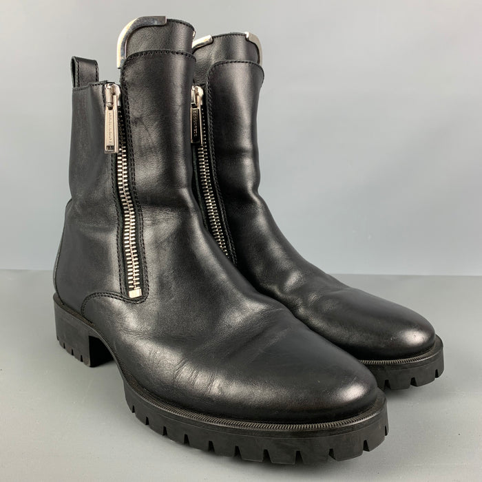 DSQUARED2 Size 11 Black Leather Double Zipper Boots