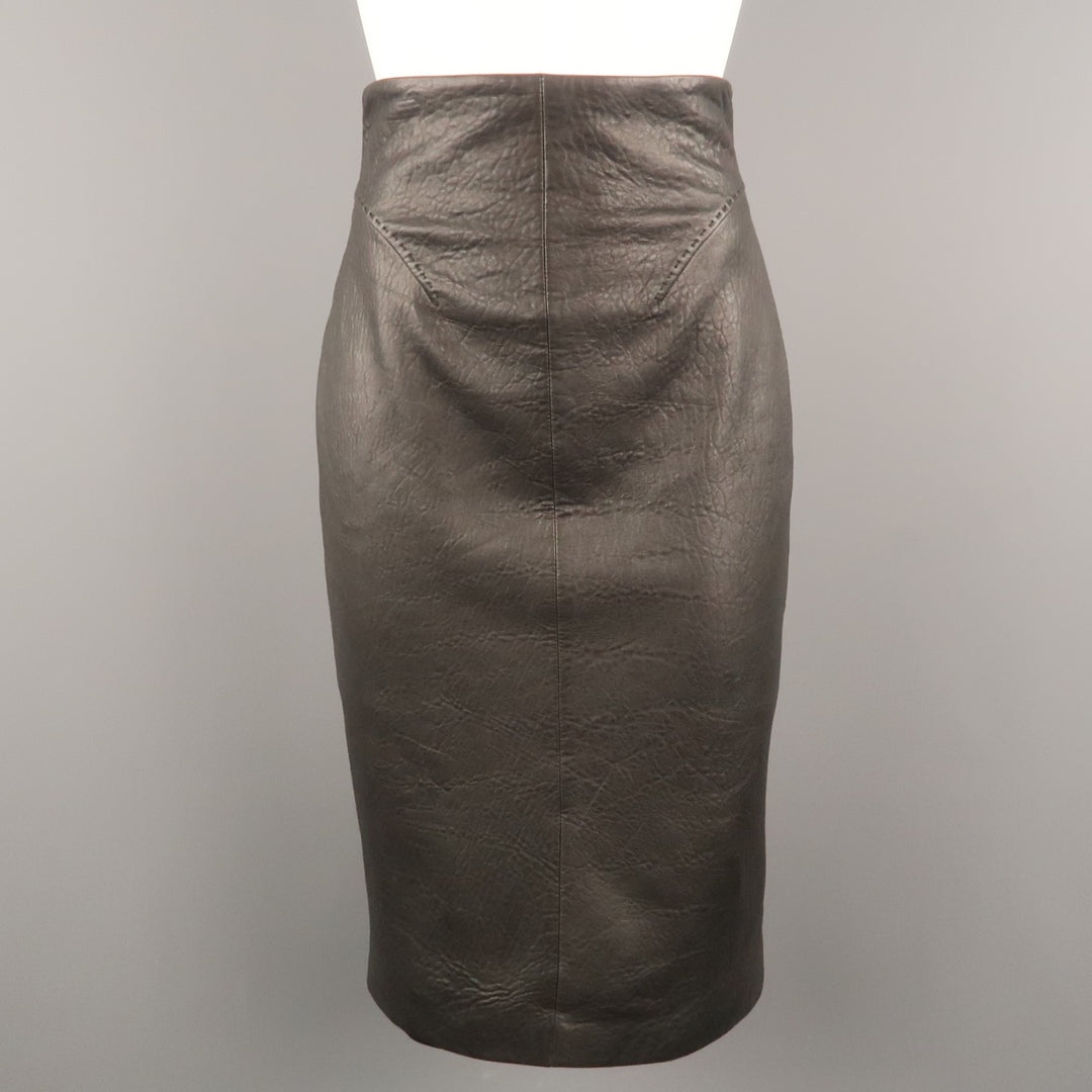 GIANFRANCO FERRE Size 4 Black Textured Leather Belted Cutout Back Pencil Skirt