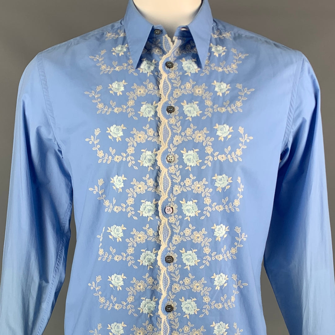 PAUL SMITH Size L Blue Embroidery Cotton Button Up Long Sleeve Shirt
