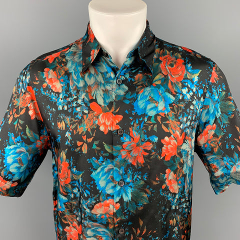 DRIES VAN NOTEN S/S 20 Size XS Black & Blue Floral Viscose Button Up Short Sleeve Shirt