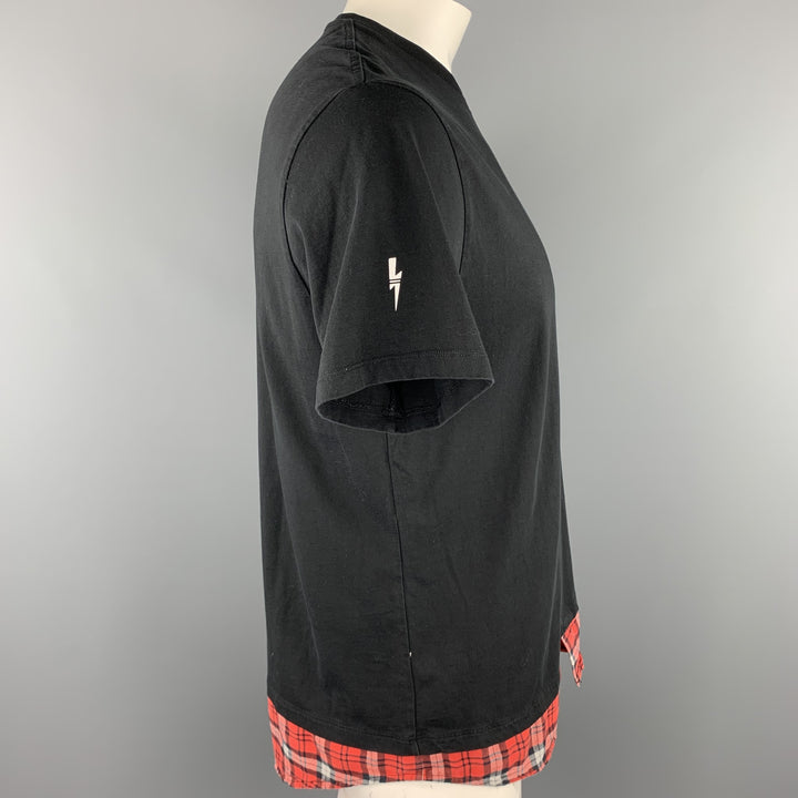NEIL BARRETT Talla L Camiseta negra de algodón con cuello redondo y tejidos mixtos