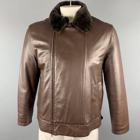 SCHIATTI & CO. Size L Brown Leather Beaver Lining Detachable Fur Collar Asymmetrical Jacket