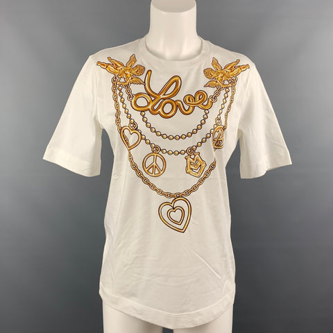 LOVE MOSCHINO Size 4 White & Gold Cotton Love Jewel Print T-Shirt