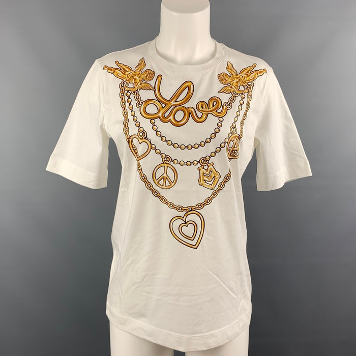 LOVE MOSCHINO Size 4 White & Gold Cotton Love Jewel Print T-Shirt