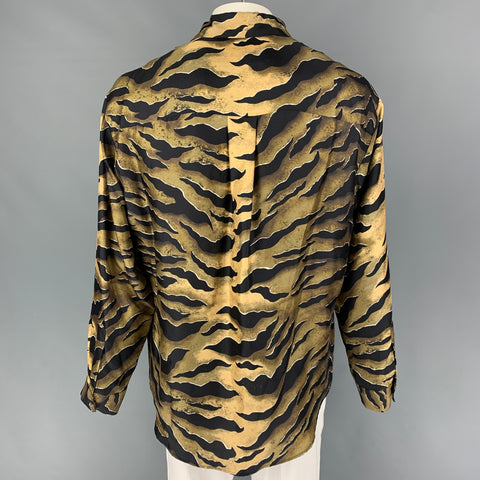 DSQUARED2 Size L Olive Black Tan Print Silk Button Up Long Sleeve Shirt
