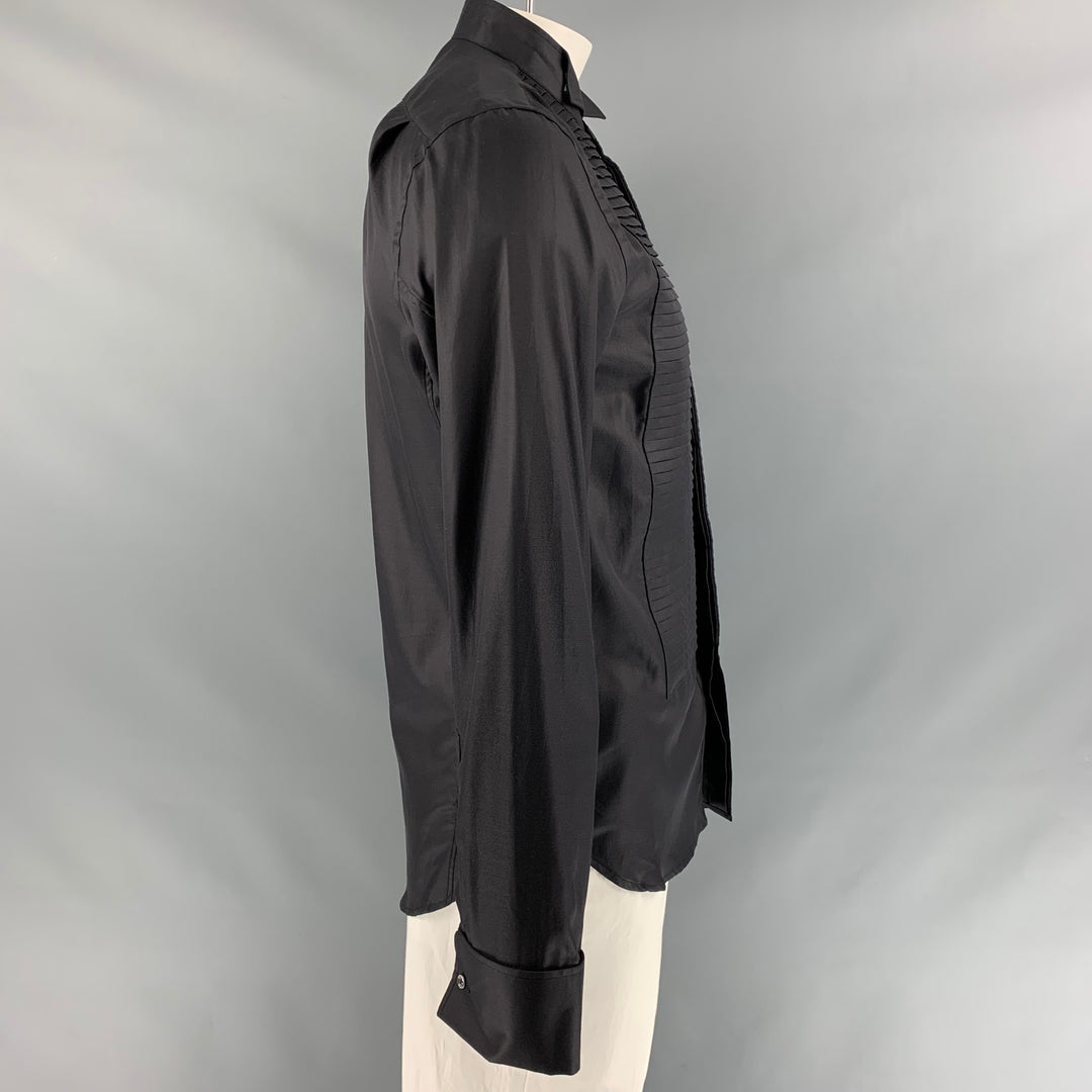 JOHN GALLIANO Size L Black Pleated Cotton Tuxedo Long Sleeve Shirt