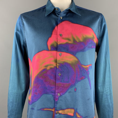 PAUL SMITH Size XXL Blue & Pink Flamingo Print Cotton Button Up Long Sleeve Shirt