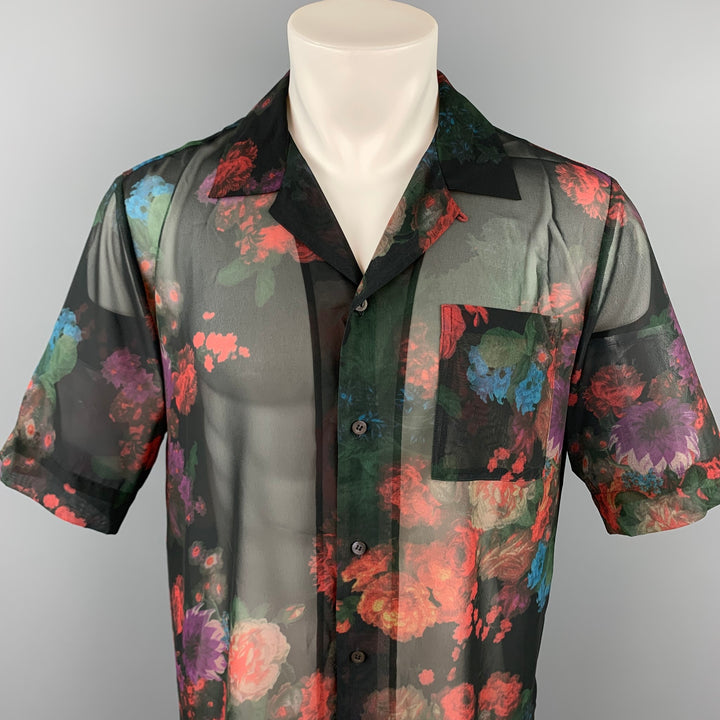 DRIES VAN NOTEN S/S 20 Size M Black & Burgundy Floral Polyester Camp Short Sleeve Shirt