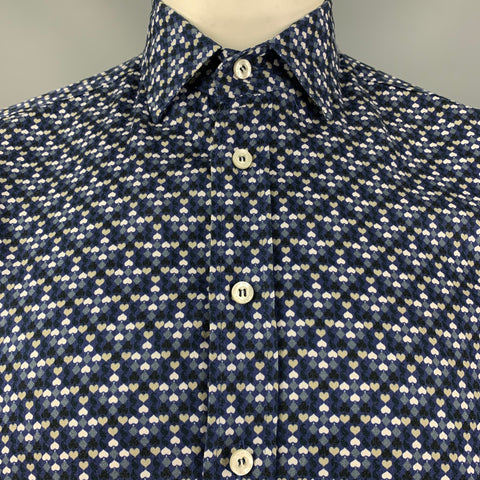 ETRO Size M Blue Gray Taupe Hearts Cotton Button Down Long Sleeve Shirt