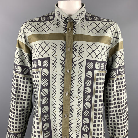 BURBERRY PRORSUM Spring 2013 Size XL Olive Print Cotton Button Up Long Sleeve Shirt