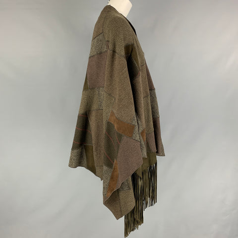RALPH LAUREN 2016 Carlotta Olive Brown Wool Suede Fringe Patchwork Poncho