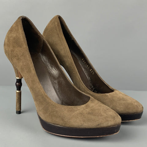 GUCCI Talla 5.5 Zapatos de tacón de bambú de ante marrón oliva
